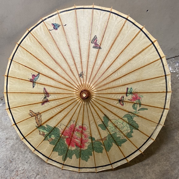 Handpainted Japanese Bamboo And Rice Paper Umbrella Parasol 29” D - Picture 1 of 16
